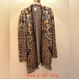 Chico’s Animal Print Long Cardigan Topper
Like New Size 2 Large